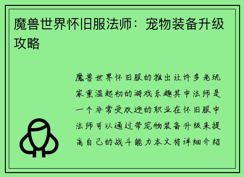 魔兽世界怀旧服法师：宠物装备升级攻略